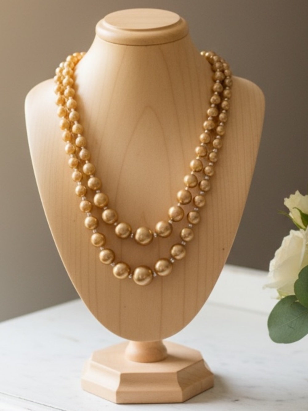 Vintage Mid Century Double Strand Faux Pearl Necklace in Golden Copper Japan